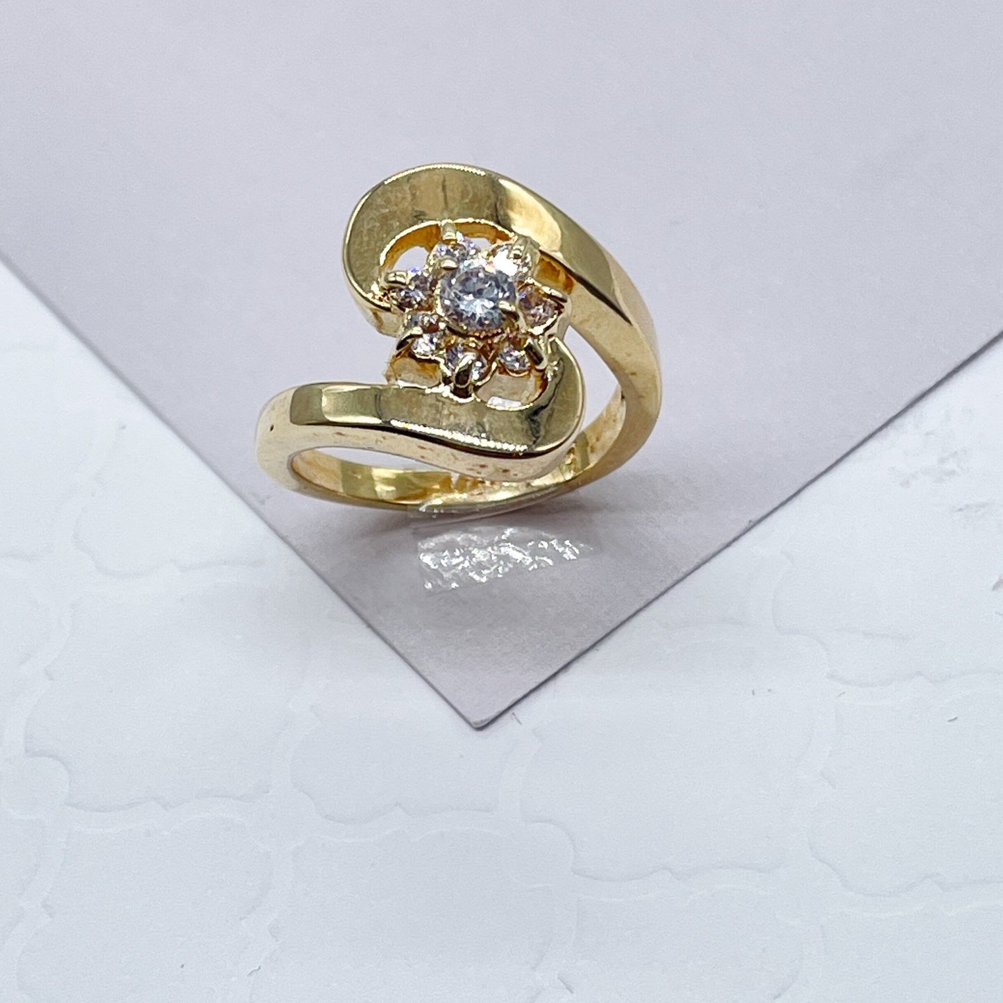 18k Gold Layered Flower Ring With Cubic Zirconia Stones Surrounded With Gold