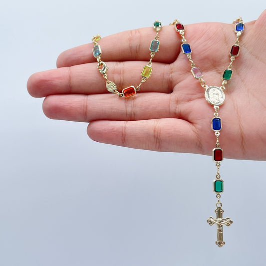Trendy 18k Gold Layered Rosary Featuring Multi Colored Acrylic And Gold