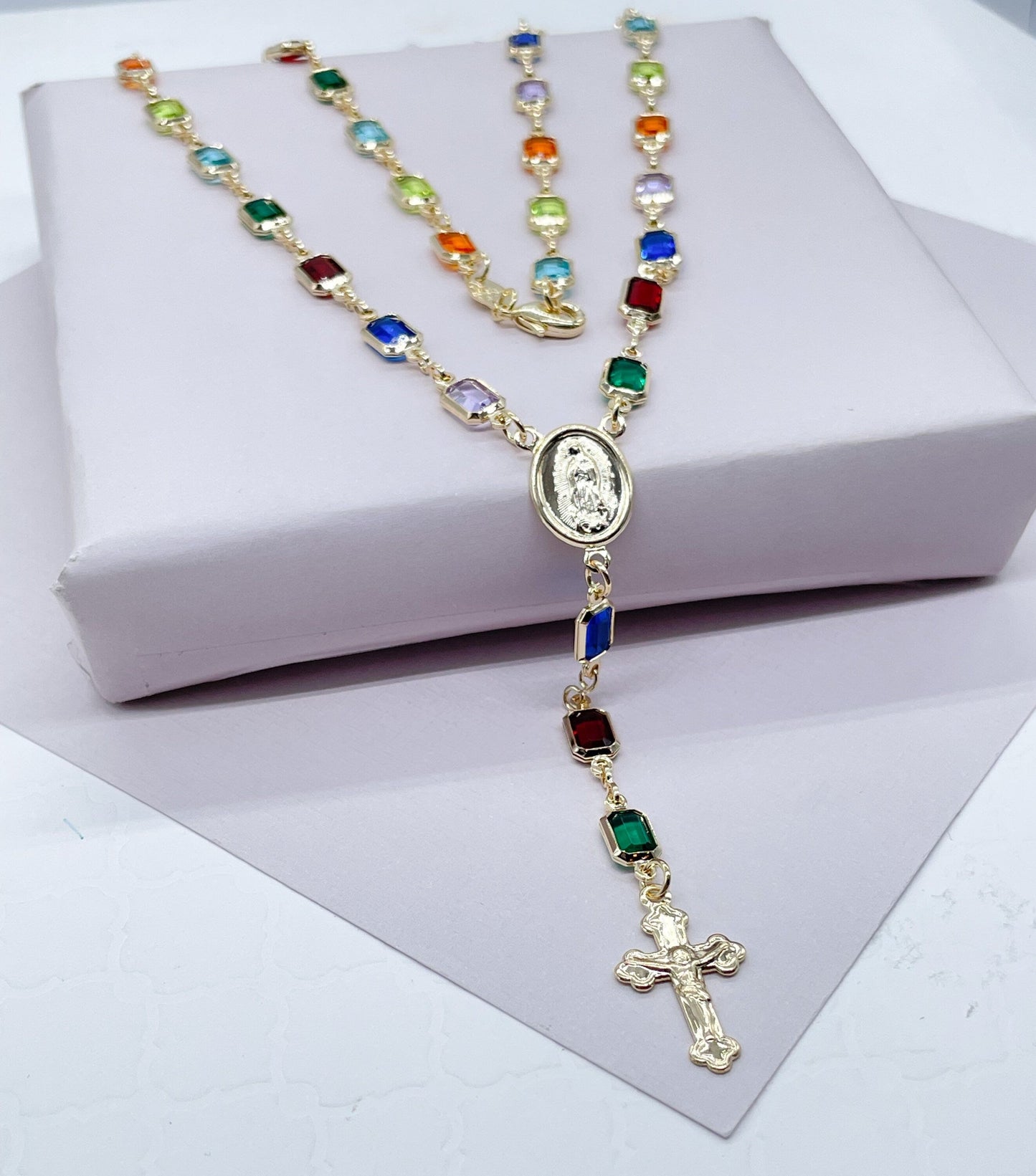 Trendy 18k Gold Layered Rosary Featuring Multi Colored Acrylic And Gold