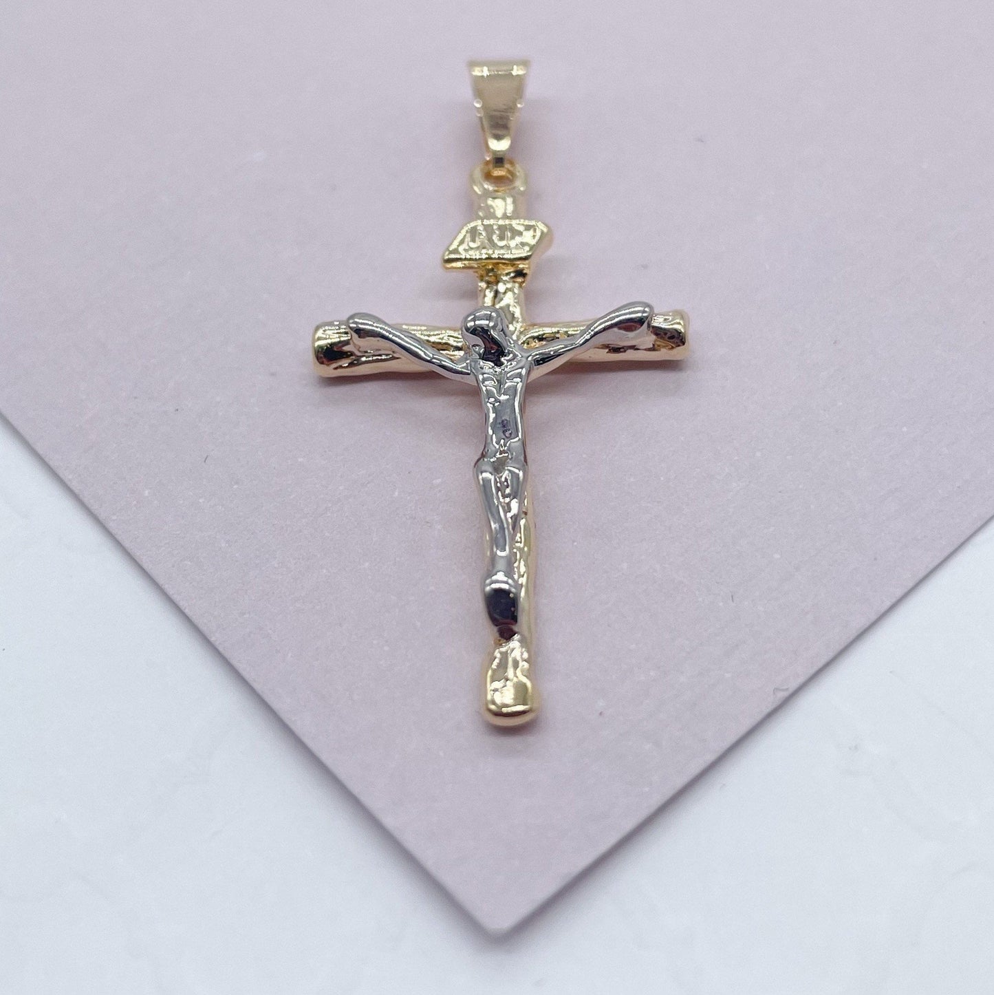 18k Gold Filled Two Tone Crucifix Cross Featuring Image of Jesus Christ in Silver Filled Supplies