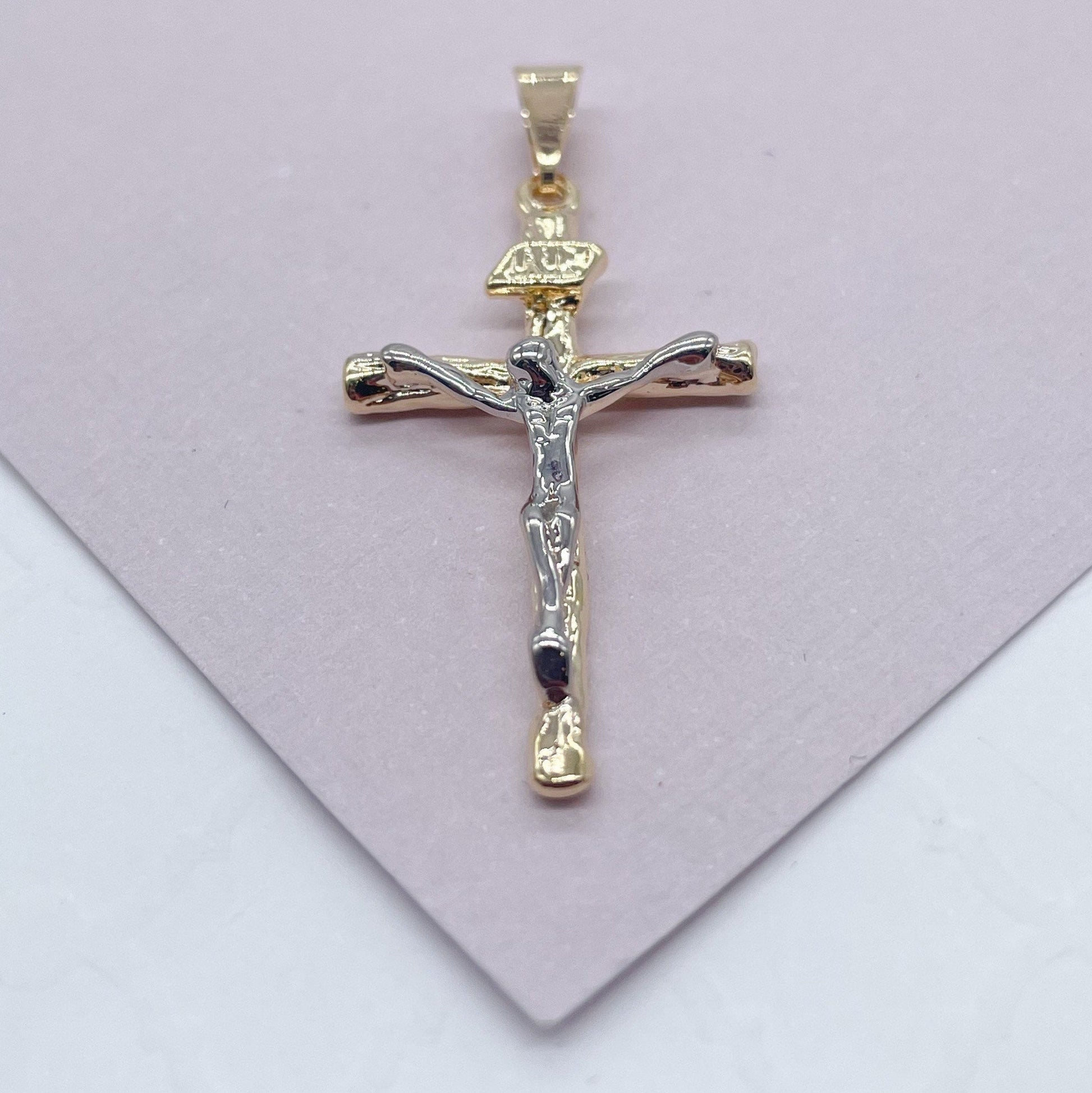 18k Gold Filled Two Tone Crucifix Cross Featuring Image of Jesus Christ in Silver Filled Supplies