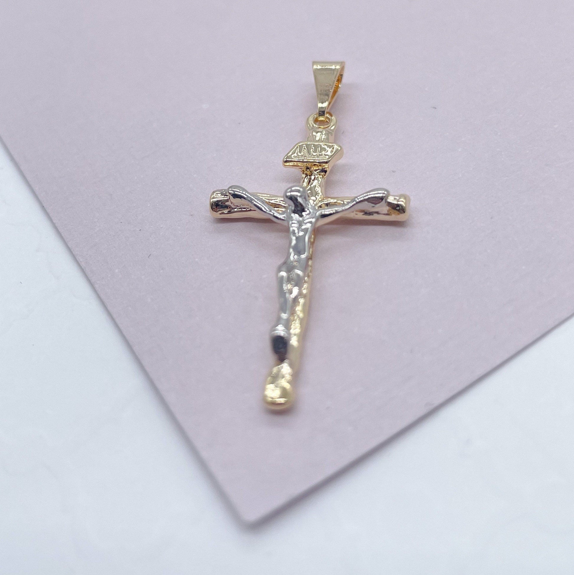 18k Gold Filled Two Tone Crucifix Cross Featuring Image of Jesus Christ in Silver Filled Supplies