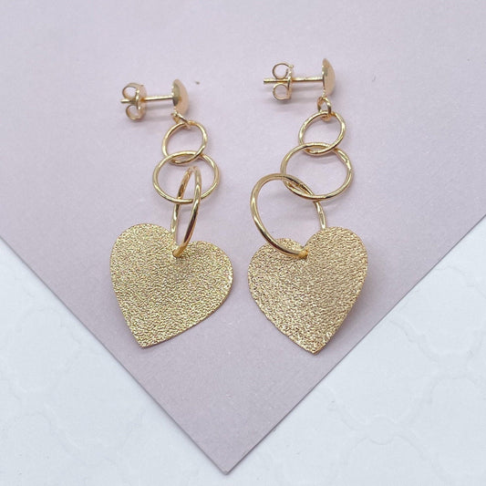 18k Gold Layered Rough Matte Flat Heart Dangling Earrings Wholesale Jewelry
