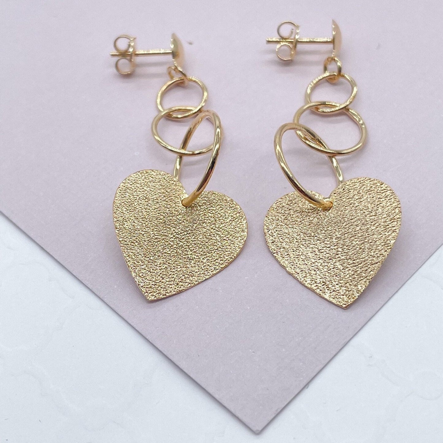 18k Gold Layered Rough Matte Flat Heart Dangling Earrings Wholesale Jewelry