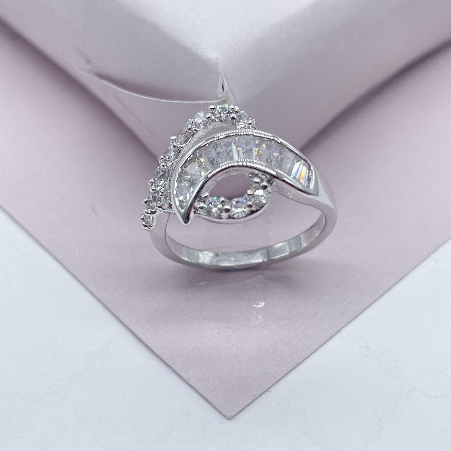 Silver Layered or Rose Gold Cubic Zirconia Mixed Baguette Zirconia Ring Wholesale