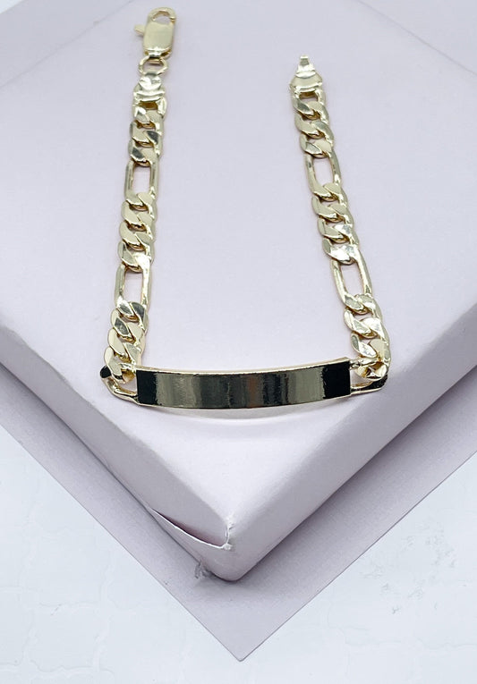 18k Gold Layered Figaro Link ID Children’s Bracelet, Bar Bracelet For Kids