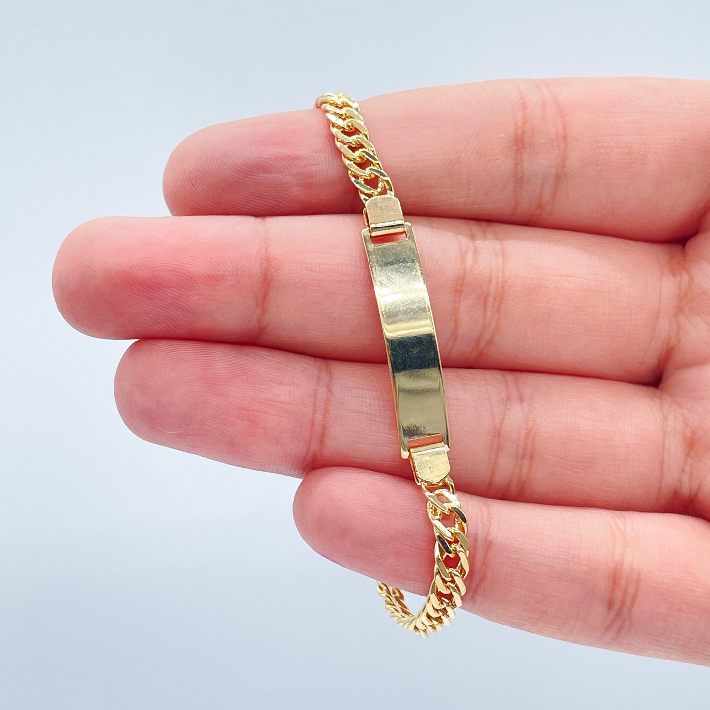 18k Gold Layered Cuban Link ID Children’s Bracelet, Curb Chain Bar Bracelet For