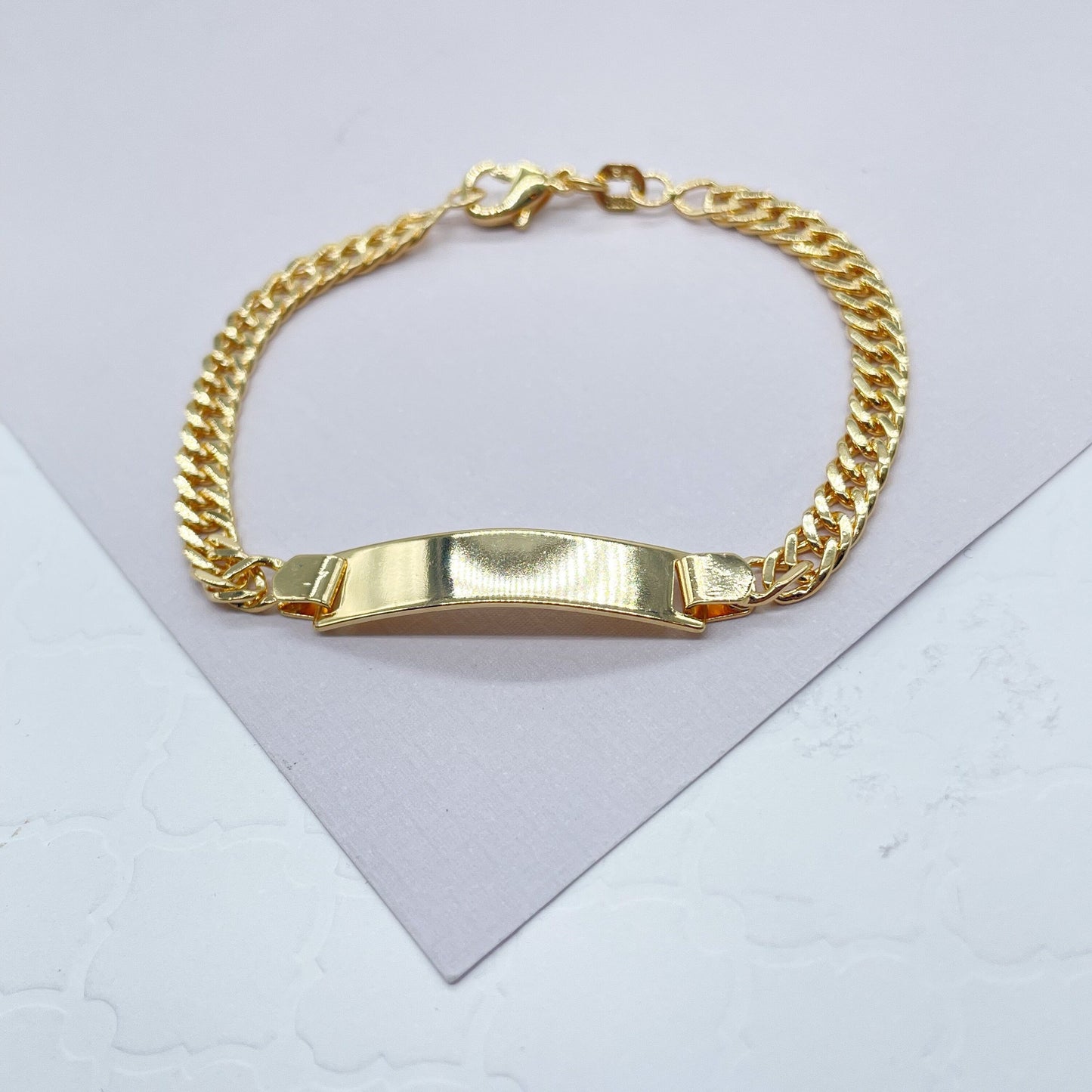 18k Gold Layered Cuban Link ID Children’s Bracelet, Curb Chain Bar Bracelet For