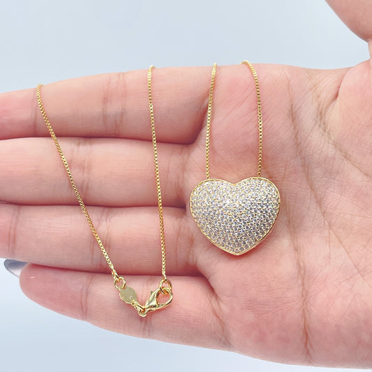 18k Gold Layered Micro Pave Cubic Zirconia Heart Hanged In A Thin Box Chain