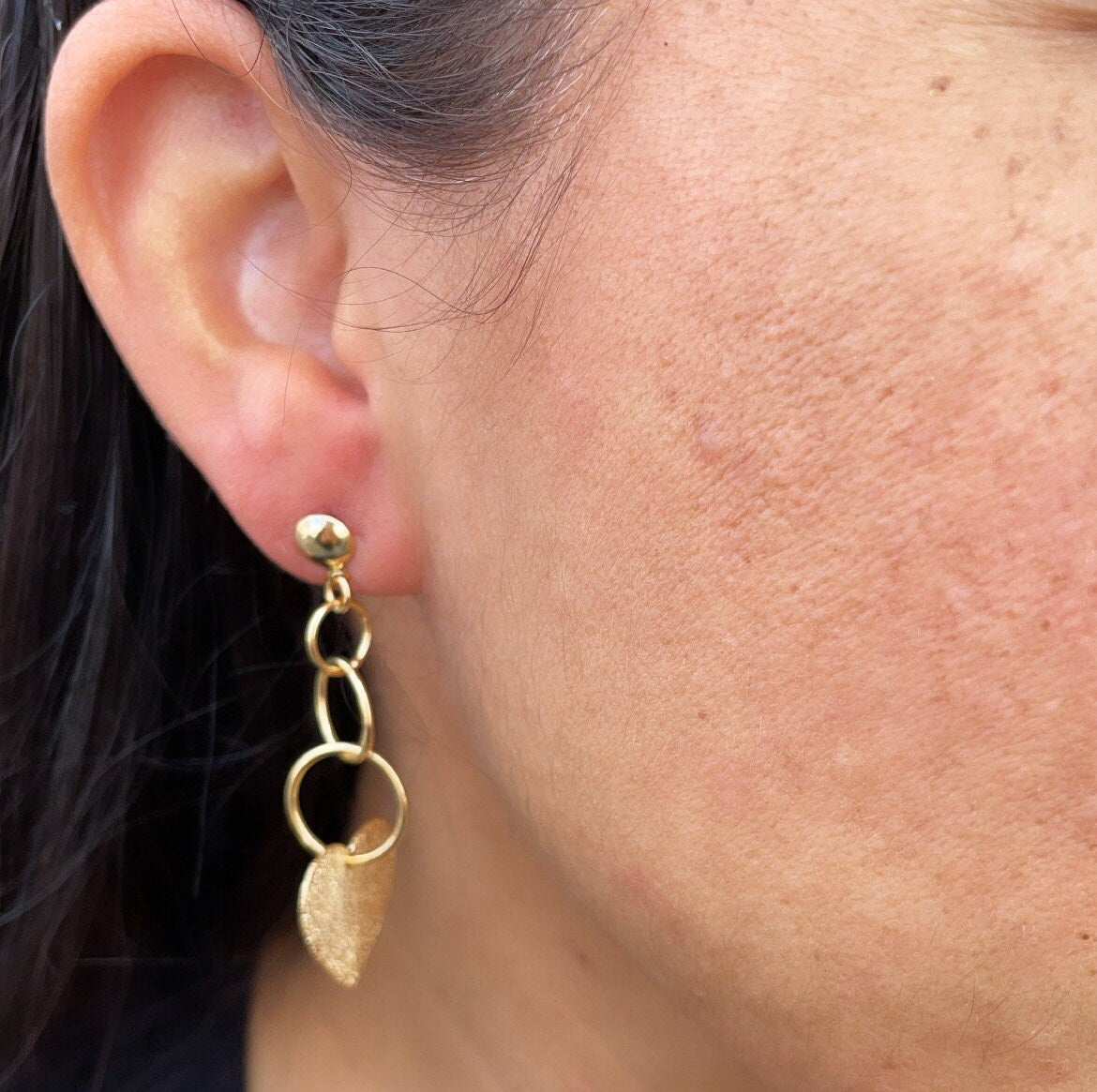 18k Gold Layered Rough Matte Flat Heart Dangling Earrings Wholesale Jewelry