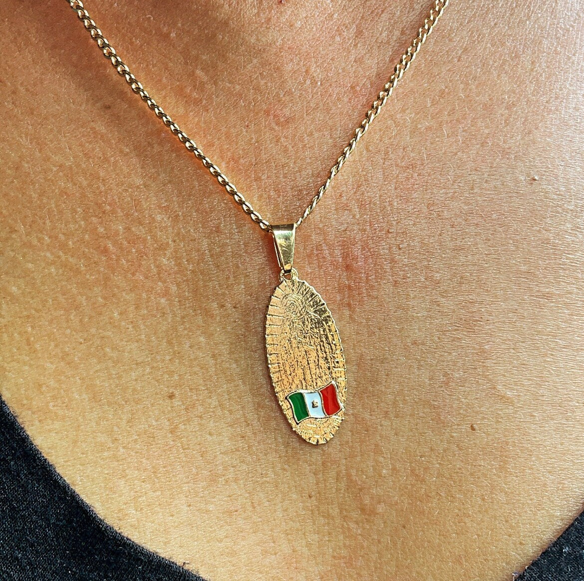 18k Gold Layered Oval Shaped Our Lady of Guadalupe Pendant Featuring Mexican Flag