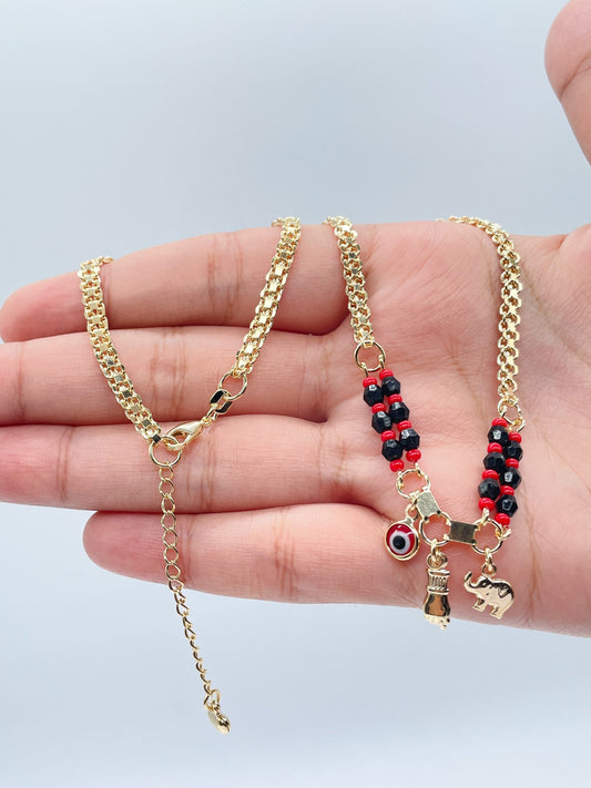 18k Gold Layered Protection “Figa” Hand, Red Evil Eye, Luck Elephant Charm
