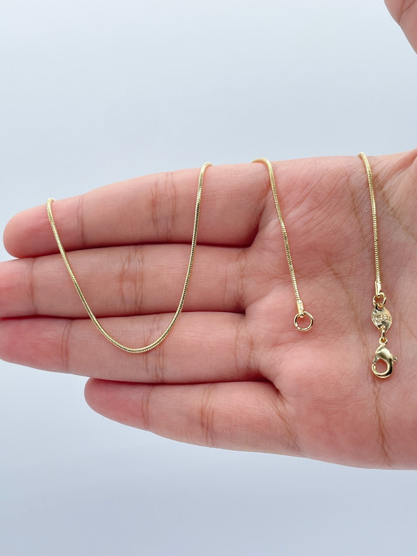 18k Gold Layered 1mm Round Snake Textured Chain Available In Sizes 16”, 18”, 20”,