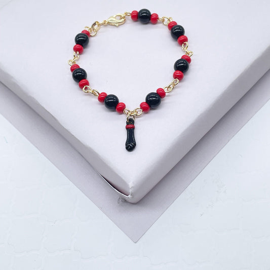 18k Gold Layered Kids Beaded Bracelet With Black "Figa" Hand & Simulated Azabache