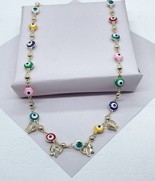 18k Gold Filled Evil Eye Beaded Necklace Detail Butterfly Gold Charm, Protection Necklace, Colorful, Blue & Red Available  Jewelry