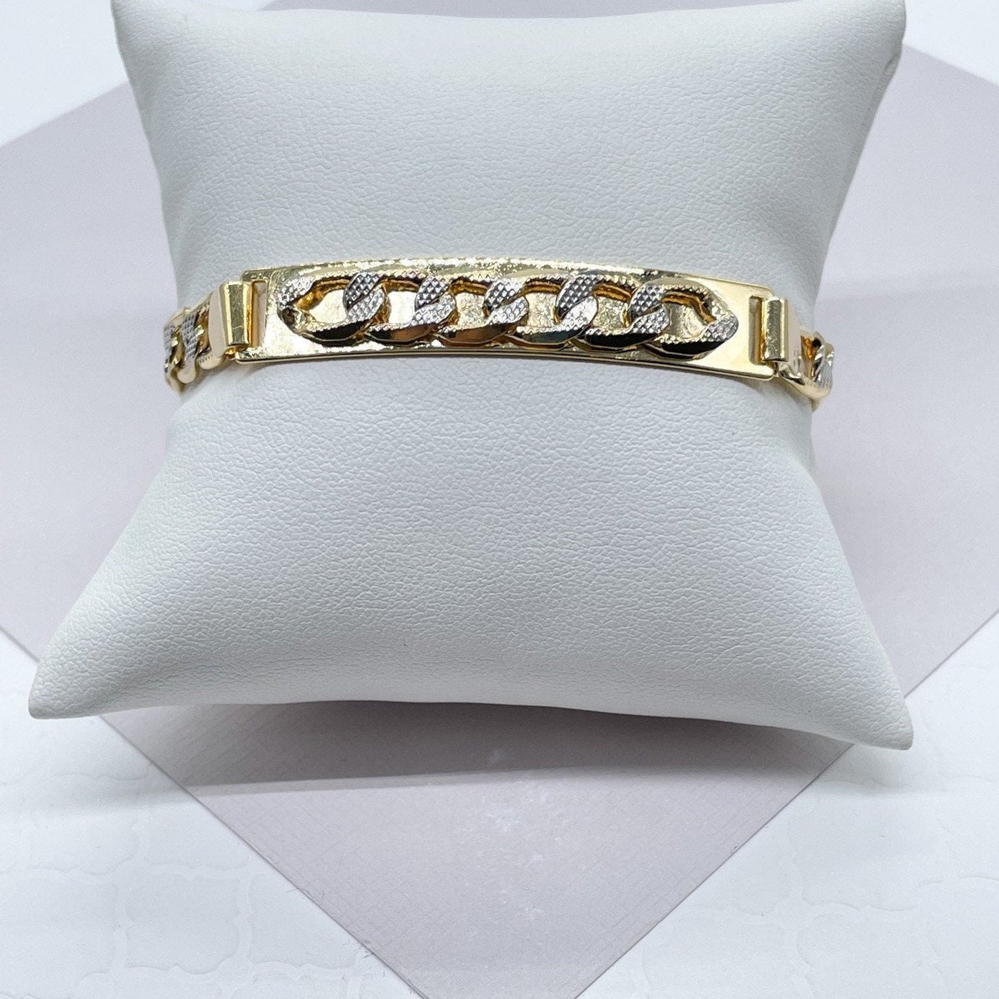 9mm 18k Gold Layered Two Tone Unisex ID Bracelet Featuring Curb Chain Detail