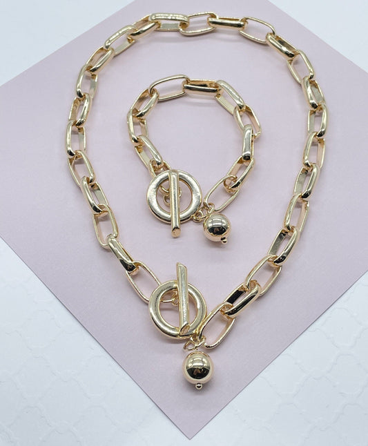18k Gold Filled Thick Paper Clip Featuring Chunky Toggle Clasp & Ball Charm