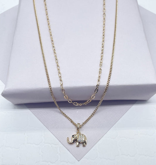 18k Gold Layered Layered Thin Curb And Cable Chain Elephant