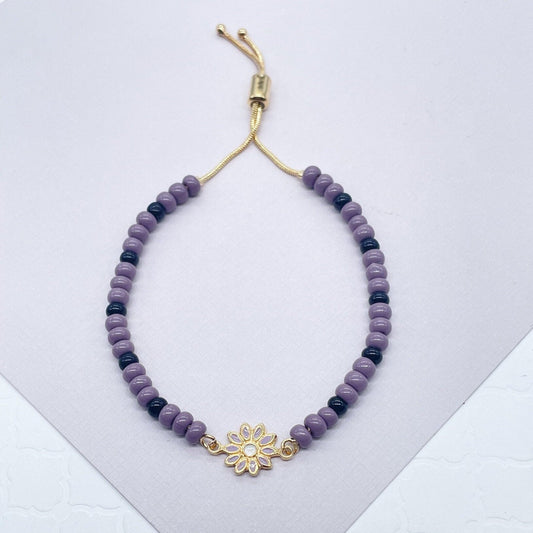 18k Gold Layered Beaded Bracelet Featuring Purple Black Beads, Colorful Enamel