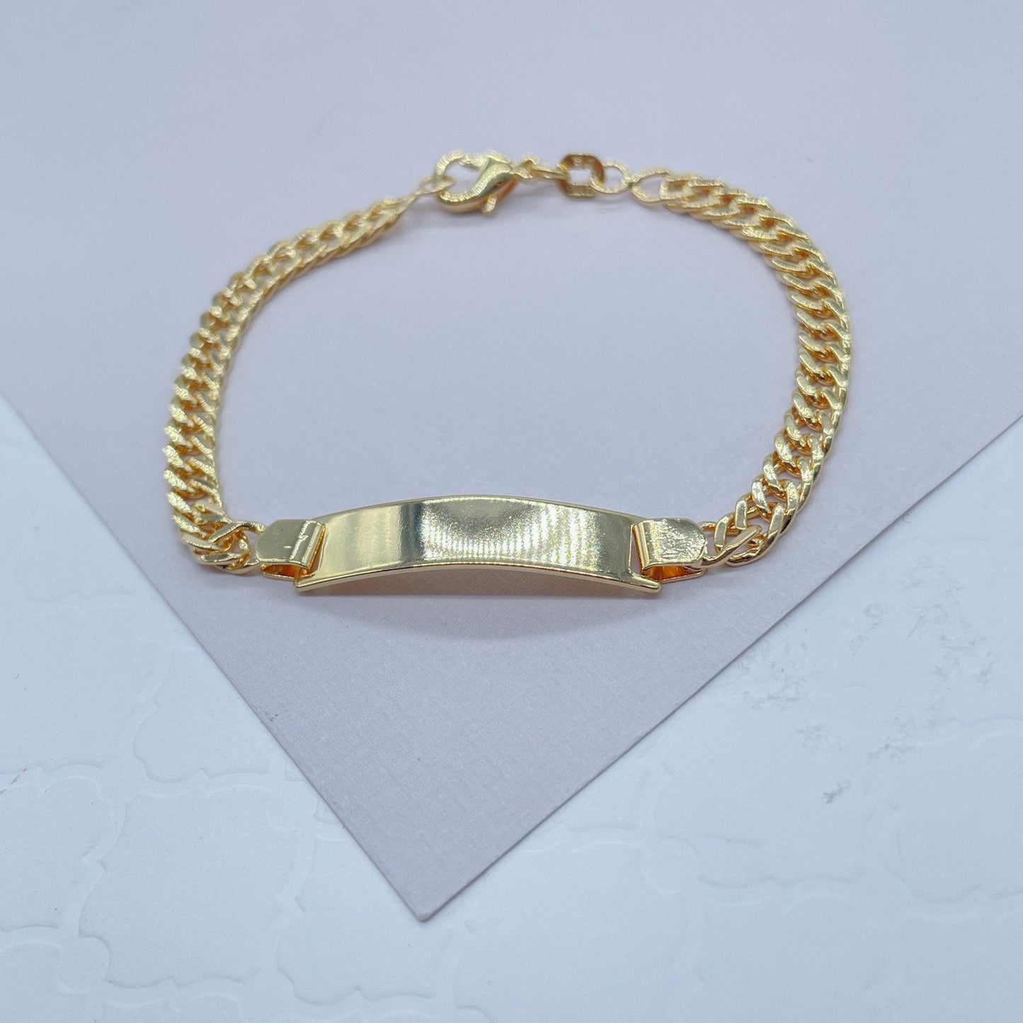 18k Gold Layered Cuban Link ID Children’s Bracelet, Curb Chain Bar Bracelet For