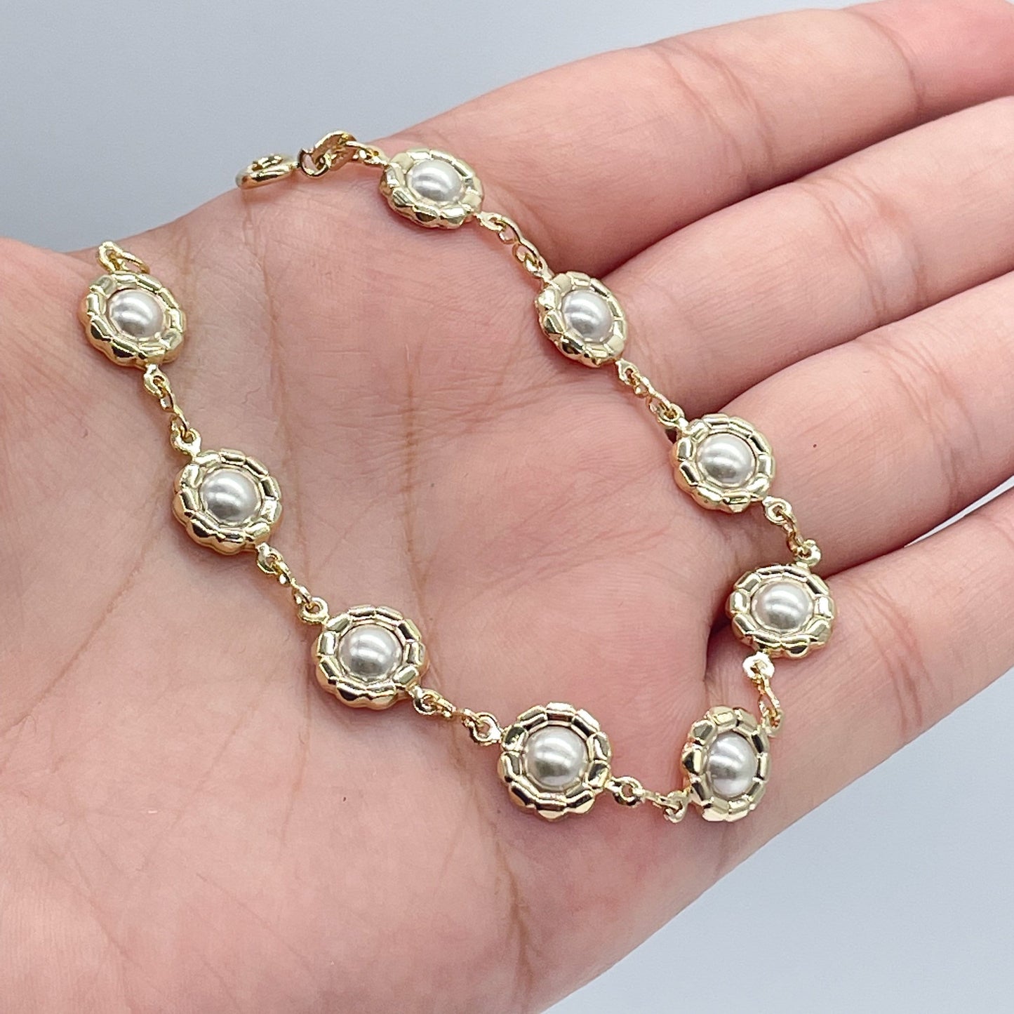 18k Gold Layered Bracelet With Embedded Simulated Pearls Wholesale Jewelry
