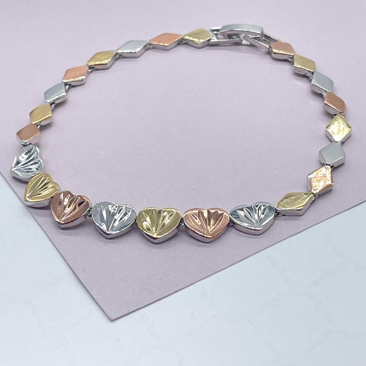 18k Gold Layered Vintage Tri-Colored Diamond Cut Heart Bracelet Wholesale Jewelry