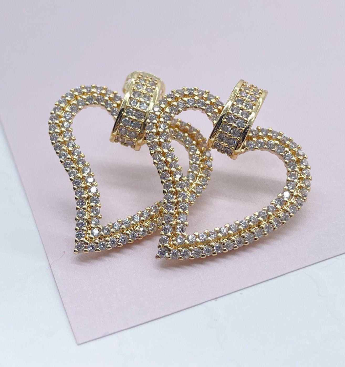 18k Gold Layered Micro Pave Cubic Zirconia Open Heart Earrings, Party Fancy