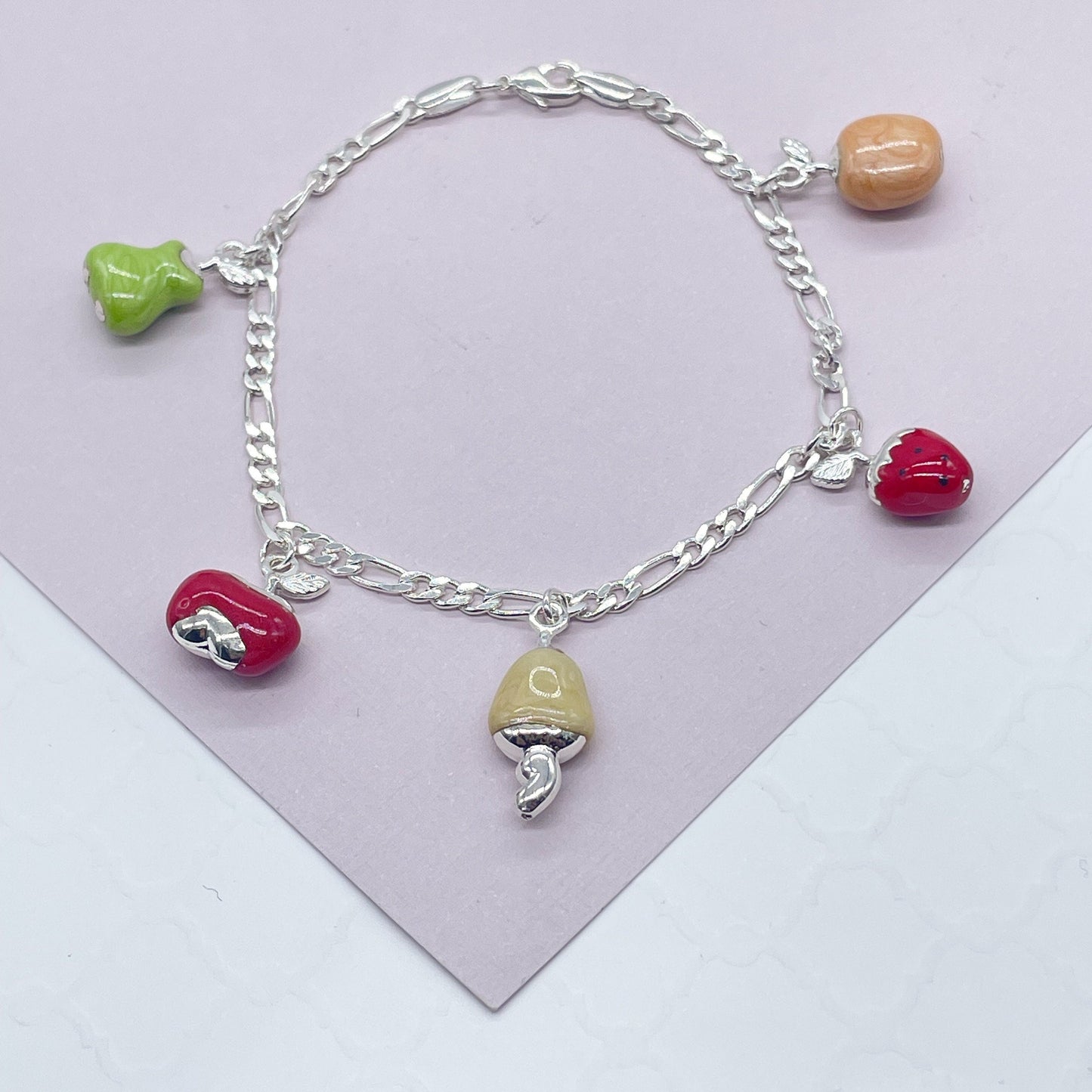 18k Gold Layered Charm Figaro Bracelet featuring Enamel Orange, Apple, Pear,
