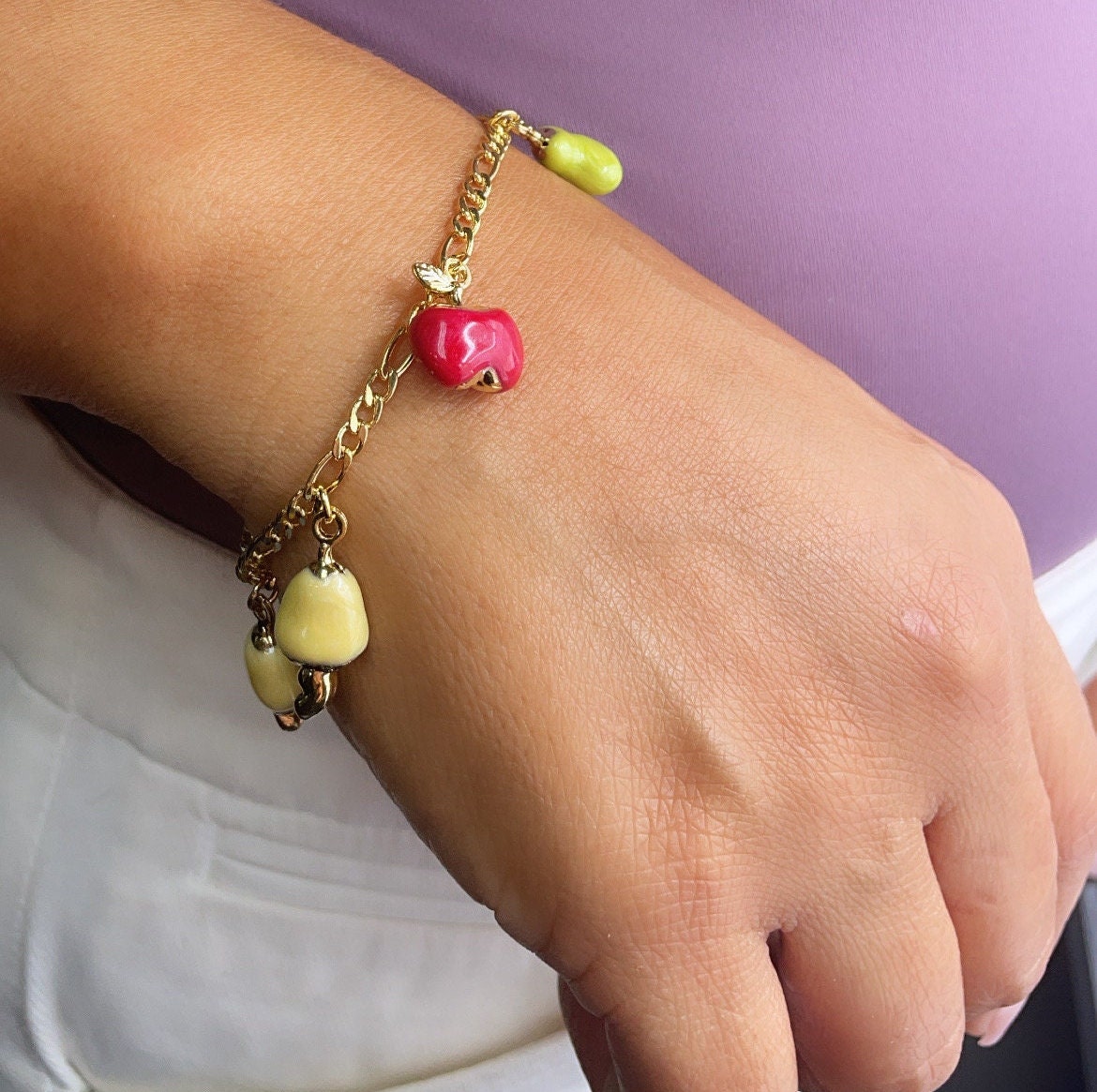 18k Gold Layered Charm Figaro Bracelet featuring Enamel Orange, Apple, Pear,