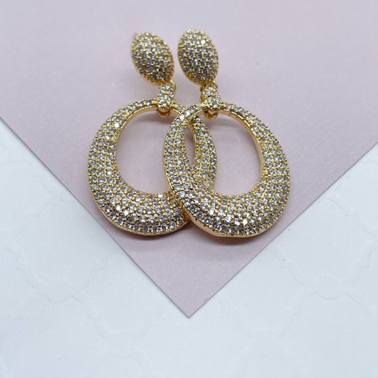 18k Gold Layered Micro Pave Cubic Zirconia Oval Dangling Party Earrings