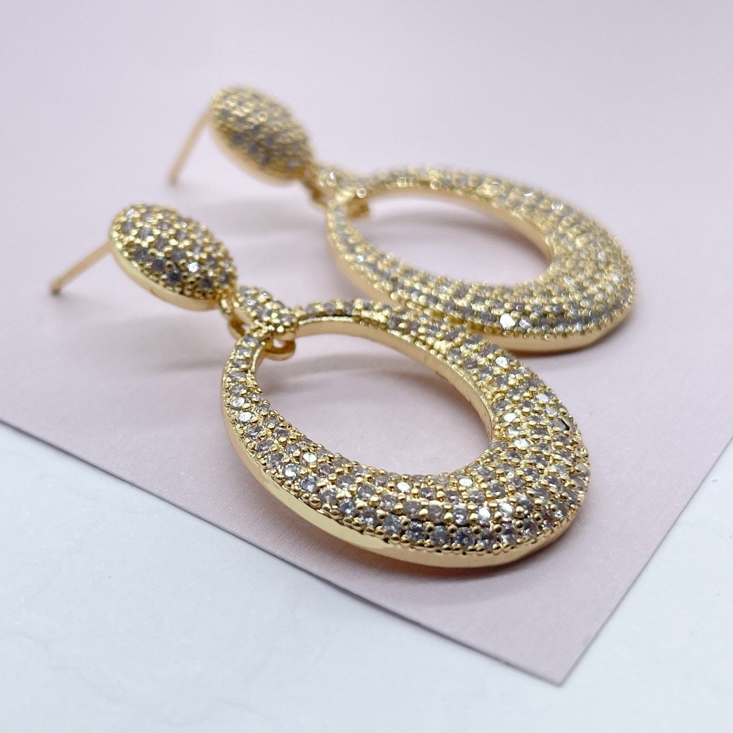 18k Gold Layered Micro Pave Cubic Zirconia Oval Dangling Party Earrings