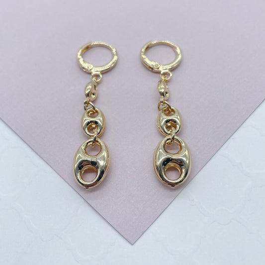 18k Gold Layered Three Mariner Link Dangling Earrings In A Leverback Jewelry