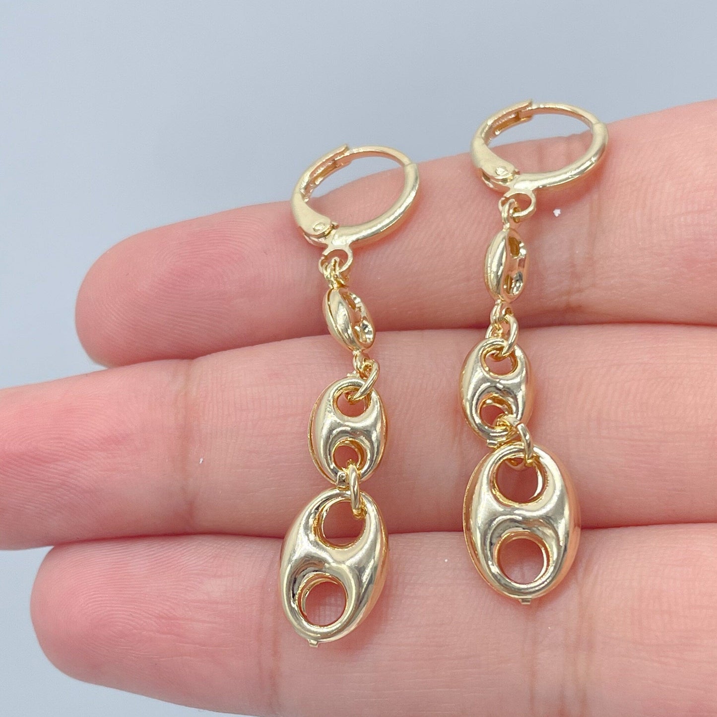 18k Gold Layered Three Mariner Link Dangling Earrings In A Leverback Jewelry