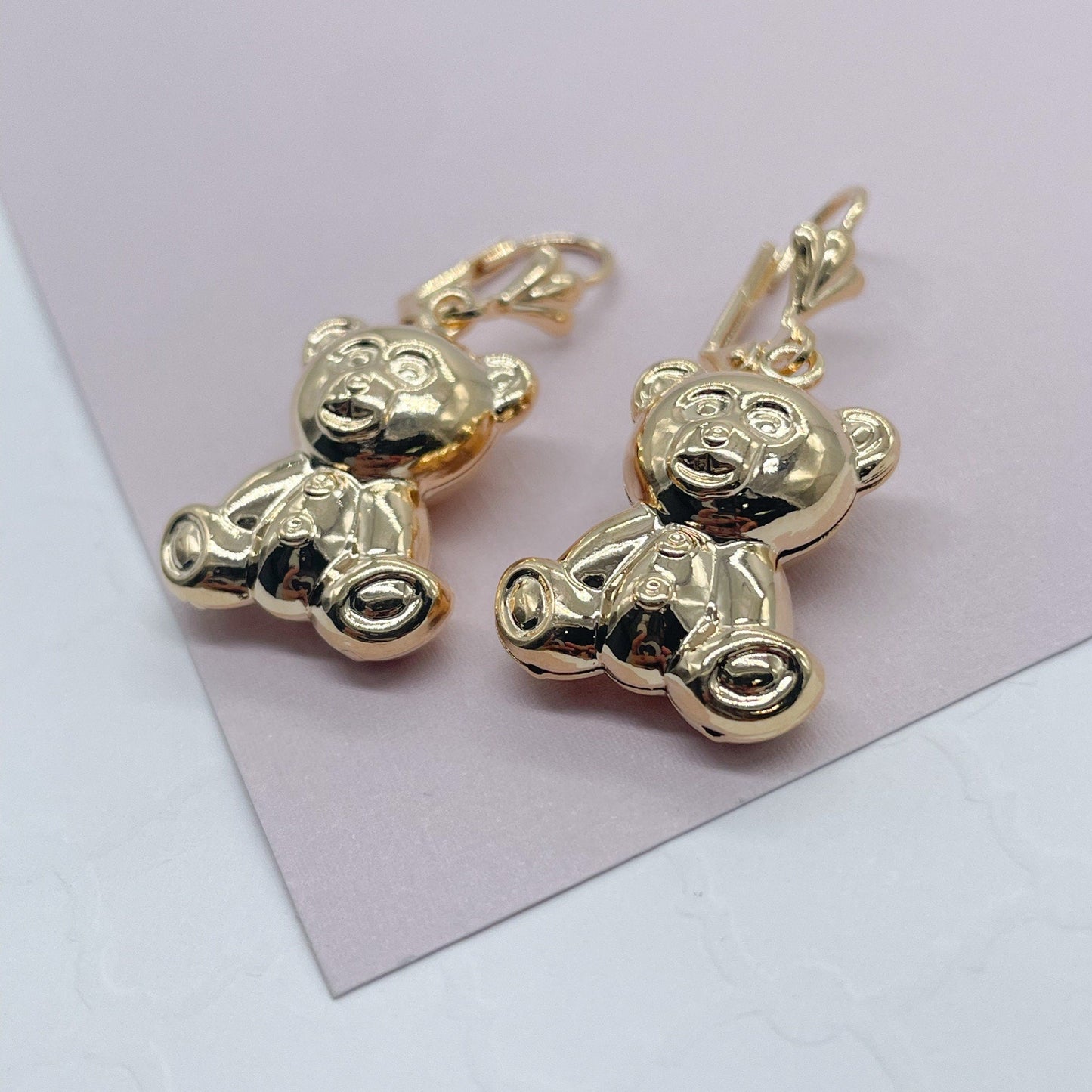 18k Gold Layered Chubby Teddy Bear Dangling Earrings Wholesale Jewelry Making