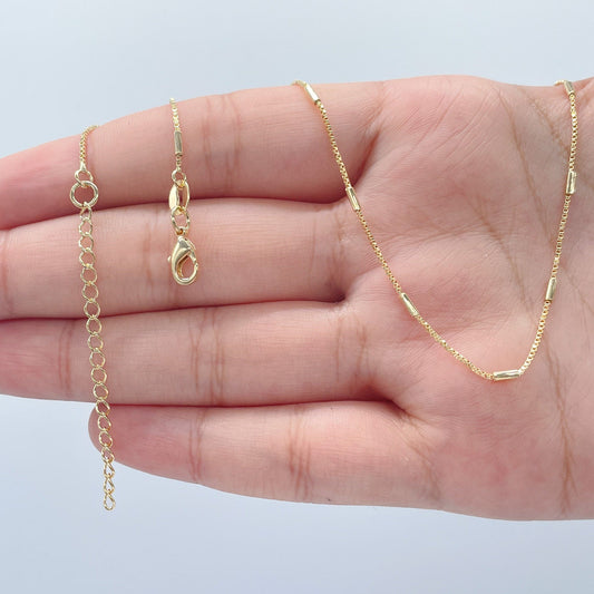 18k Gold Layered 1mm Dainty Interspersed Bar Dash Box Chain Necklace for