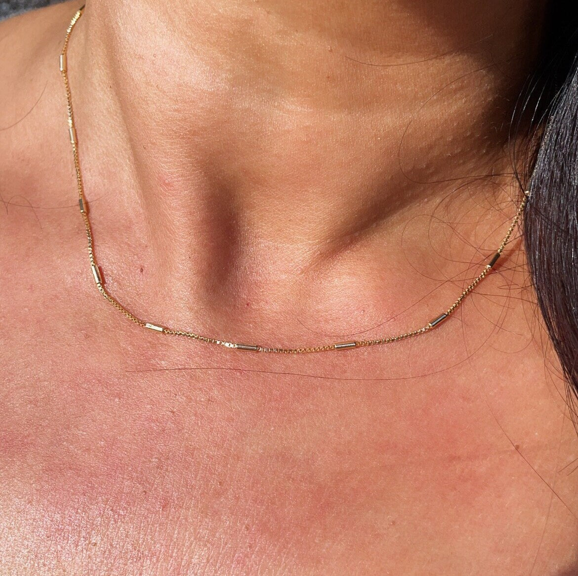 18k Gold Layered 1mm Dainty Interspersed Bar Dash Box Chain Necklace for