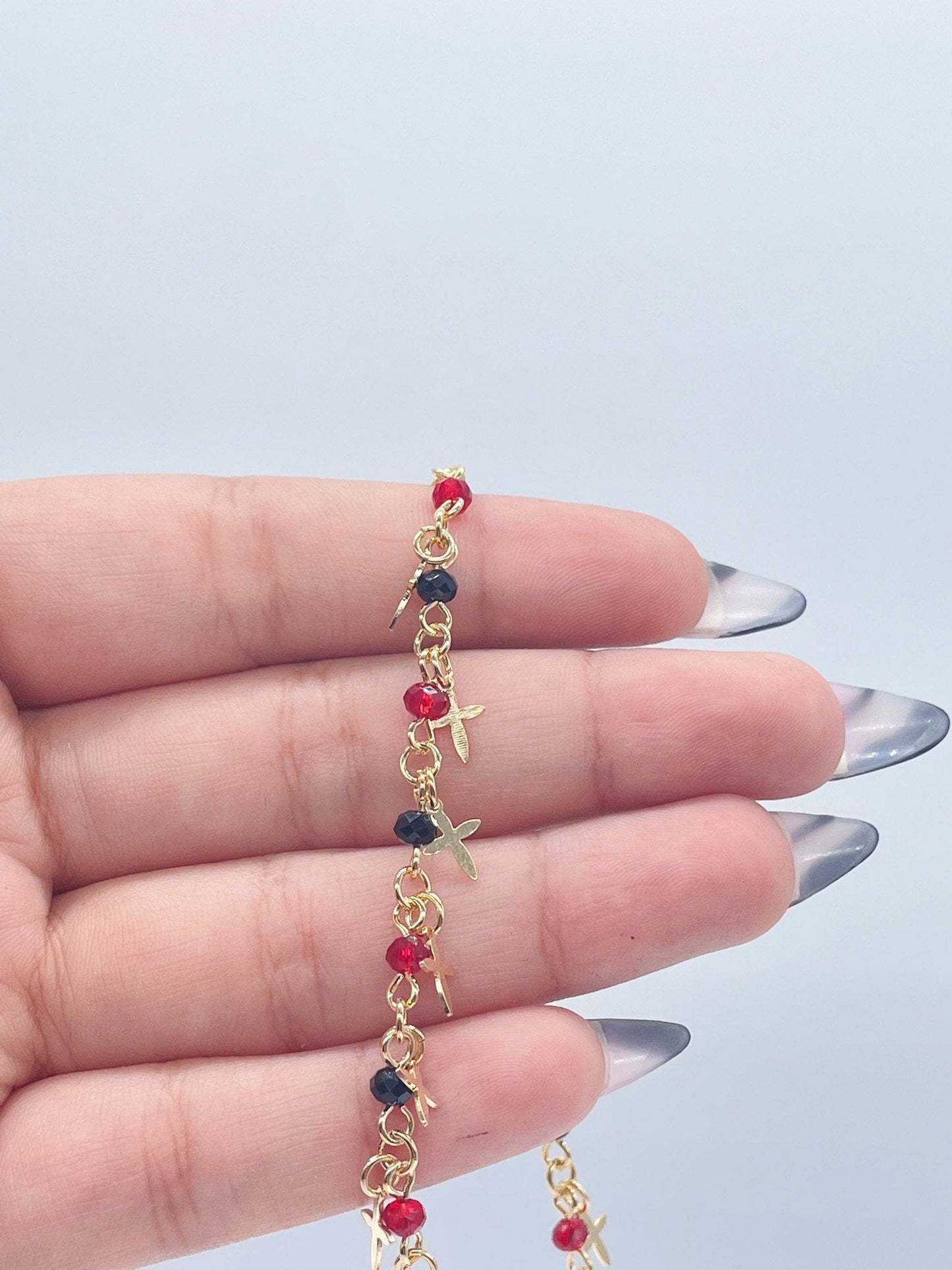18k Gold Layered Red and Black Bead Charm Anklet Bracelet Featuring 17 Tiny