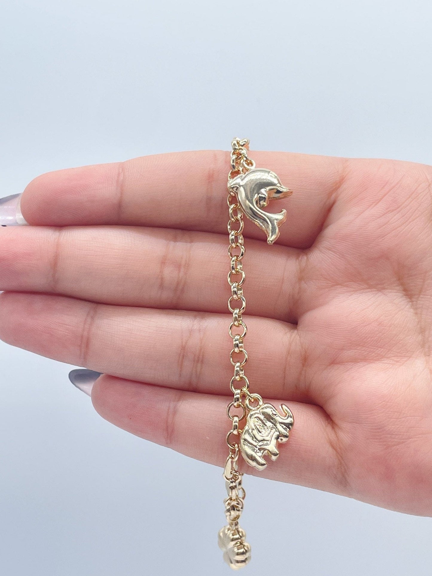 18k Gold Layered Lucky Charm Bracelet, Dolphin, Turtle, Elephant & Clover