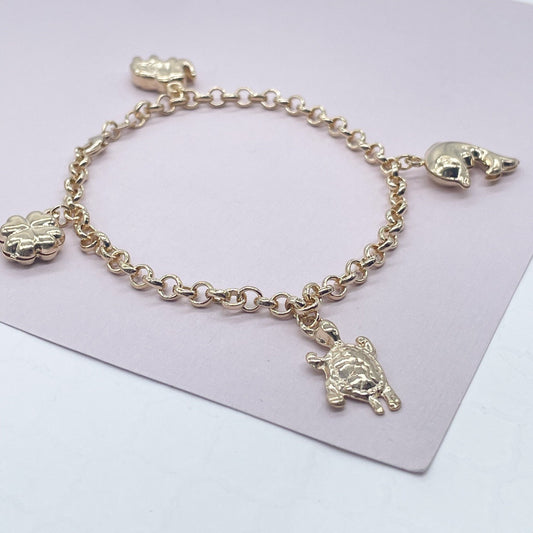 18k Gold Layered Lucky Charm Bracelet, Dolphin, Turtle, Elephant & Clover