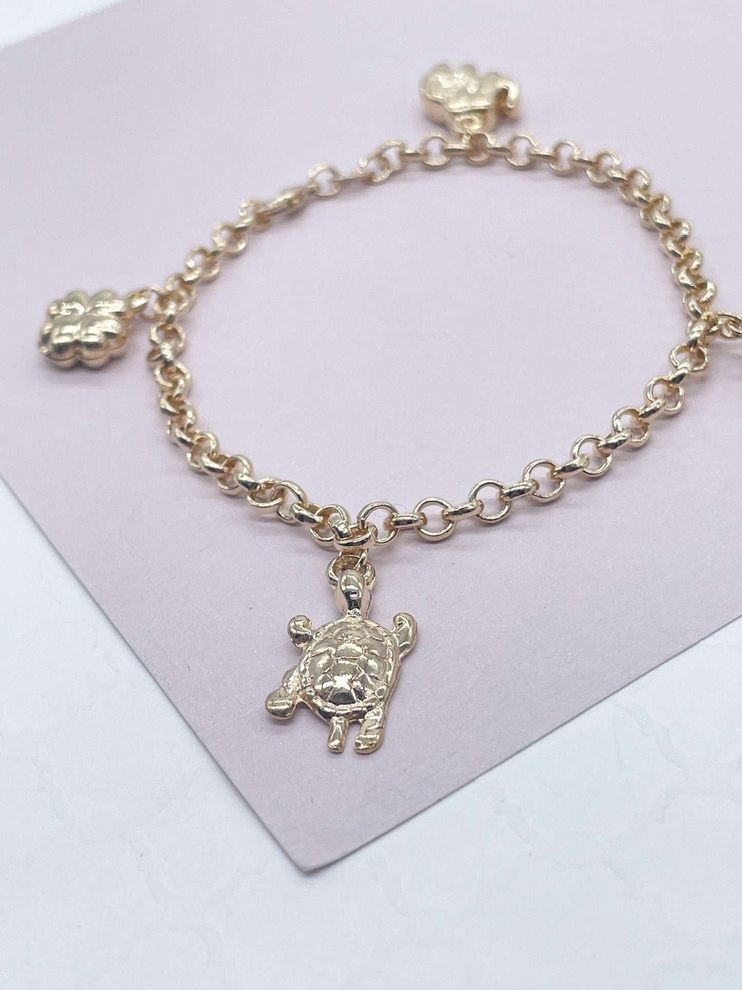 18k Gold Layered Lucky Charm Bracelet, Dolphin, Turtle, Elephant & Clover