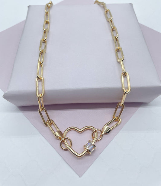 18k Gold Layered Paper Clip Choker with Heart Carabiner Lock Clasp Featuring