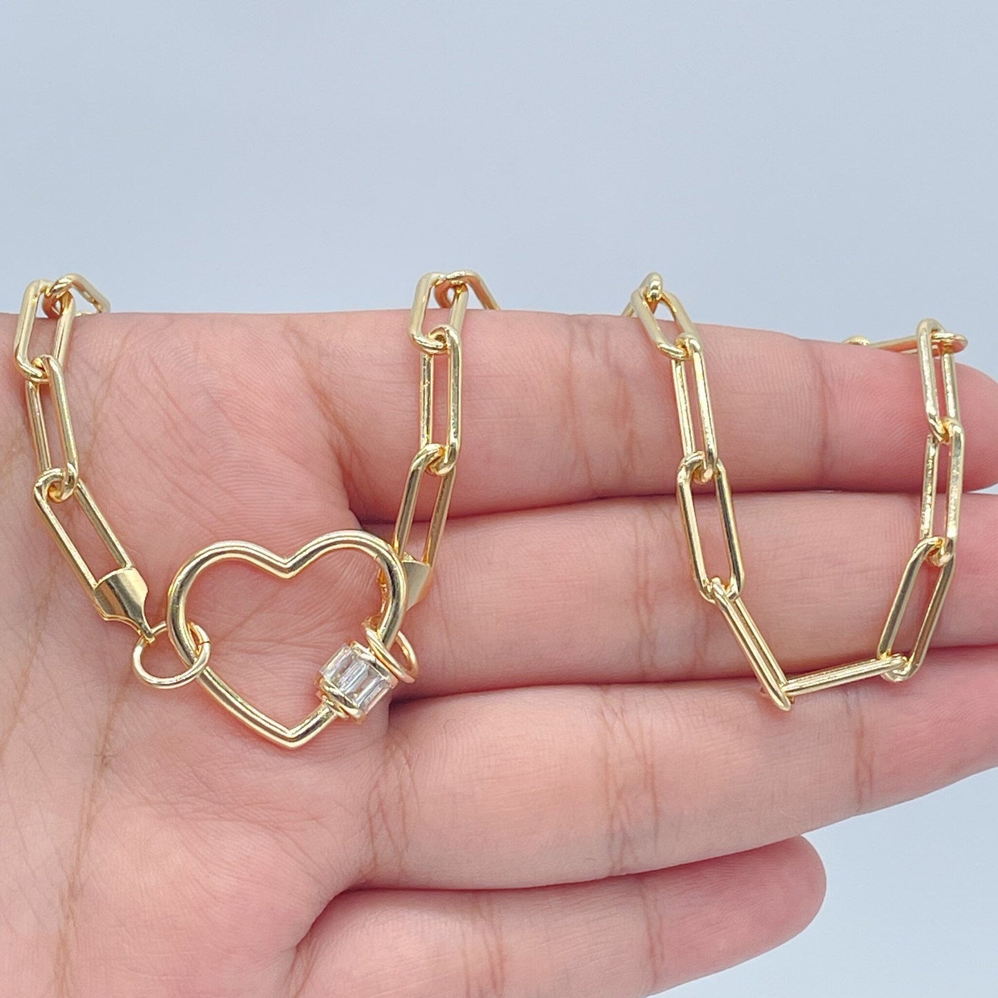 18k Gold Layered Paper Clip Choker with Heart Carabiner Lock Clasp Featuring