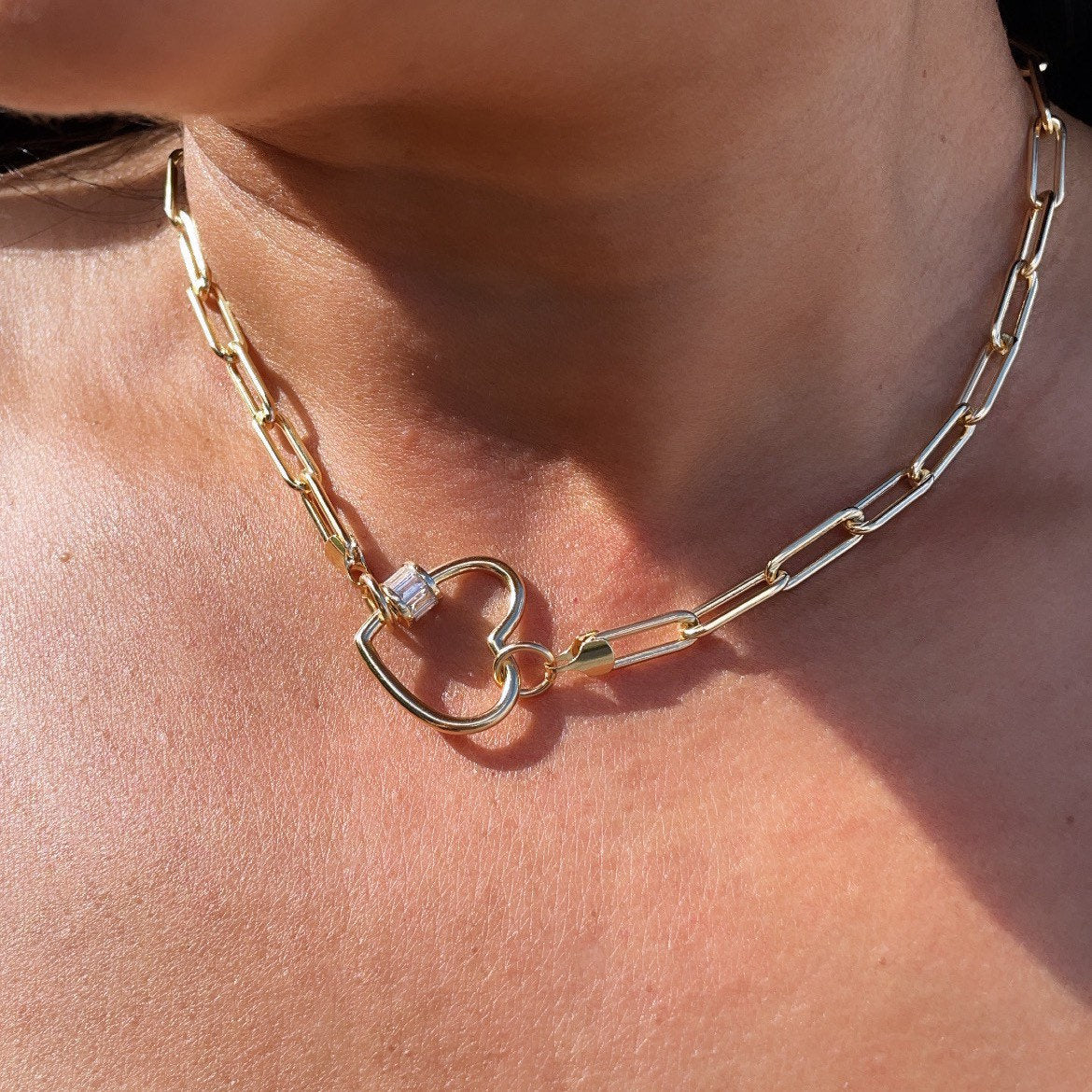 18k Gold Layered Paper Clip Choker with Heart Carabiner Lock Clasp Featuring