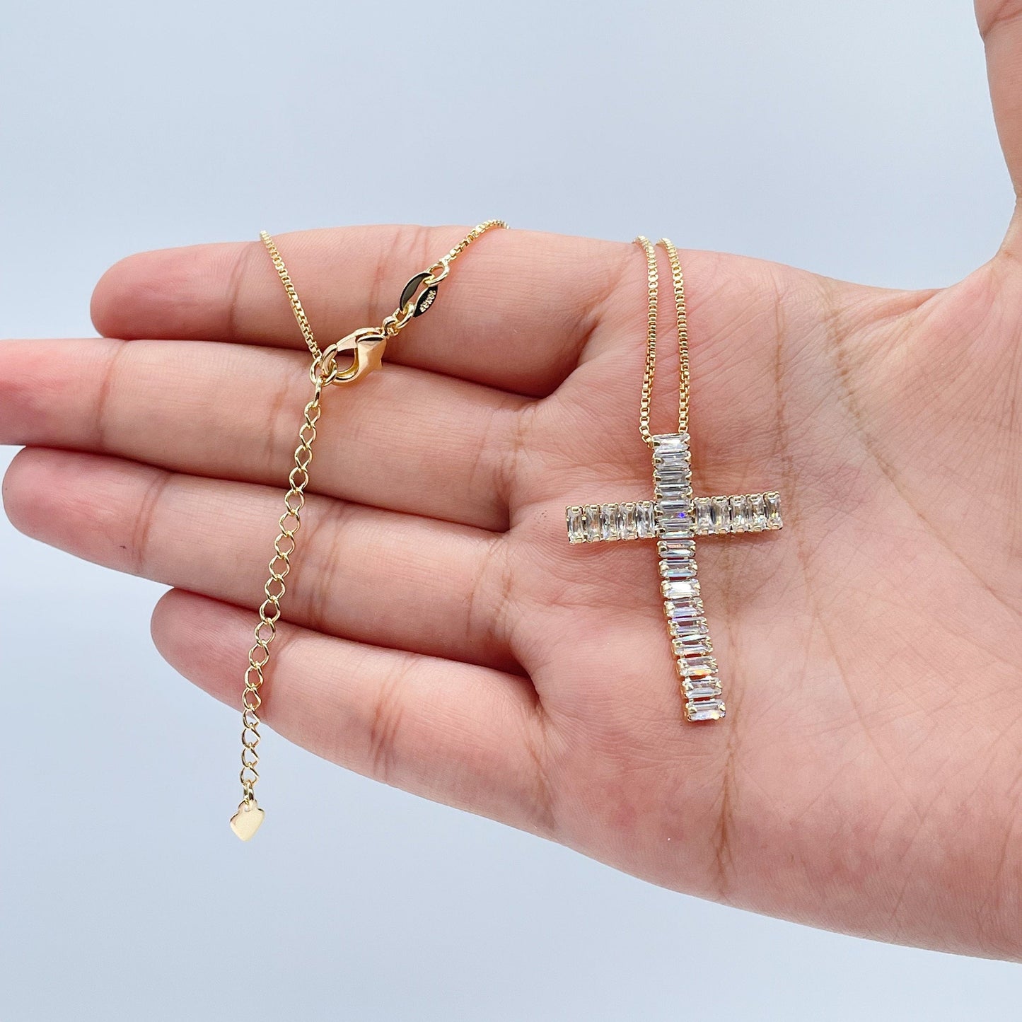 18k Gold Layered Baguette Zirconia Flexible Cross Charm with Box Chain Necklace