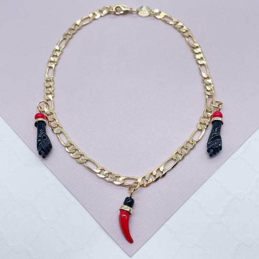 4mm 18k Gold Layered Figaro Charm Anklet Featuring Chili Luck & Black Figa Hand