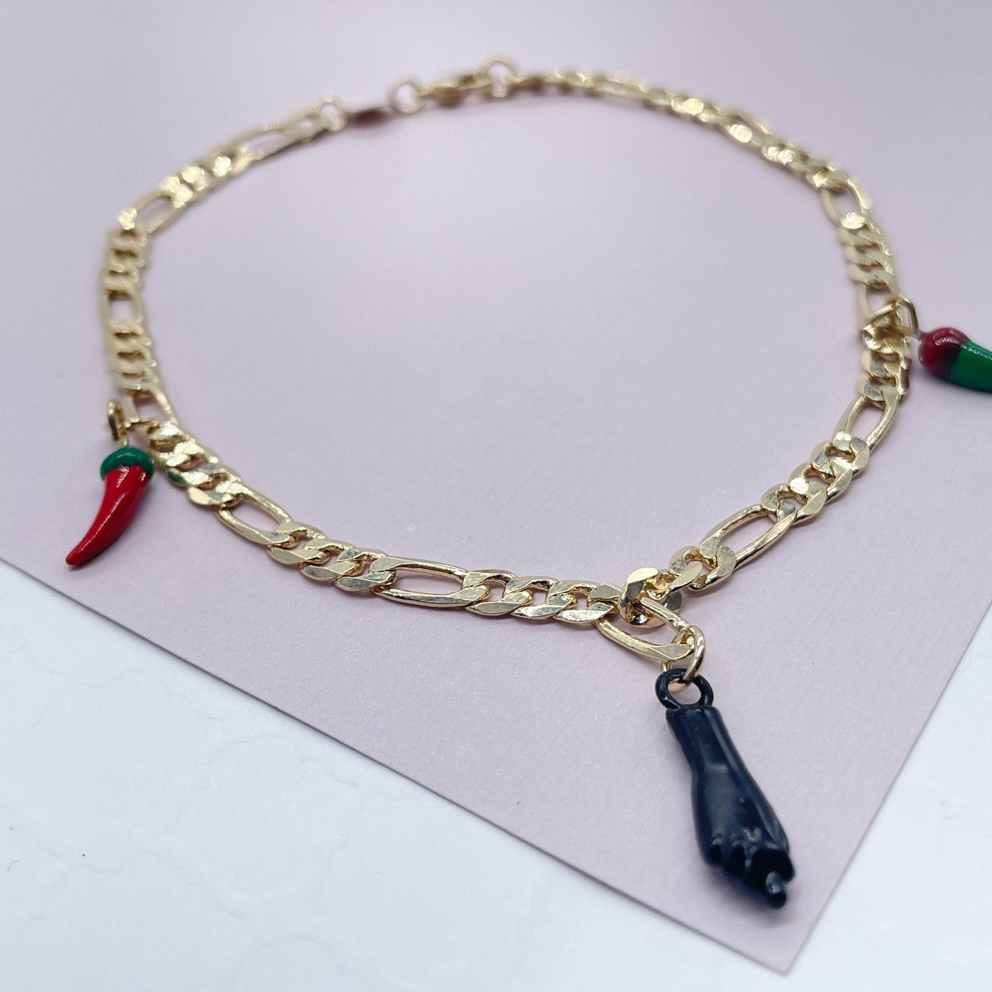 18k Gold Layered 4mm Figaro Charm Anklet With Black "Figa" Hand Red & Green