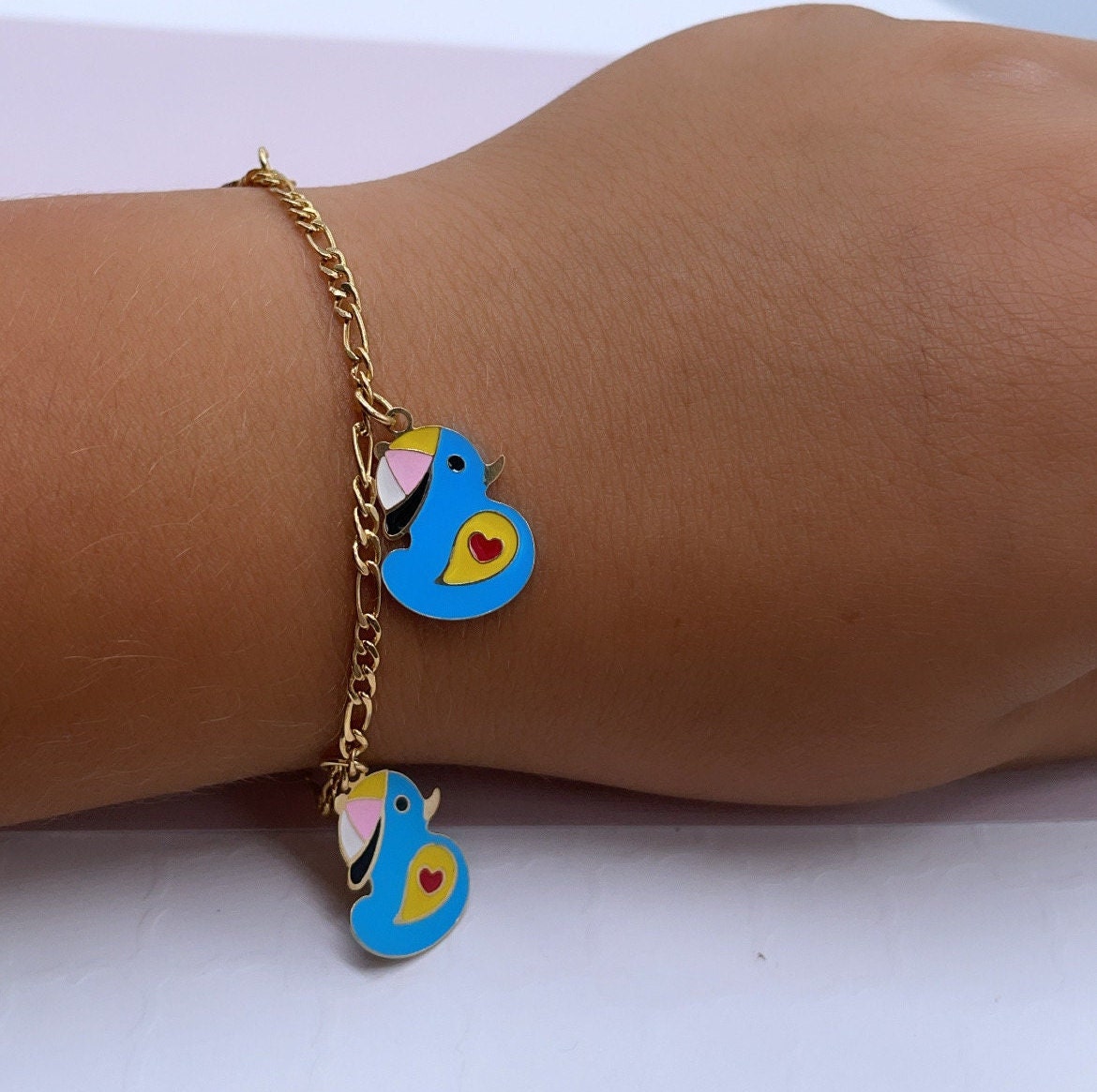 Cute 18k Gold Layered Children’s Colorful Charm Bracelet, Fish, Elephant, Bee,