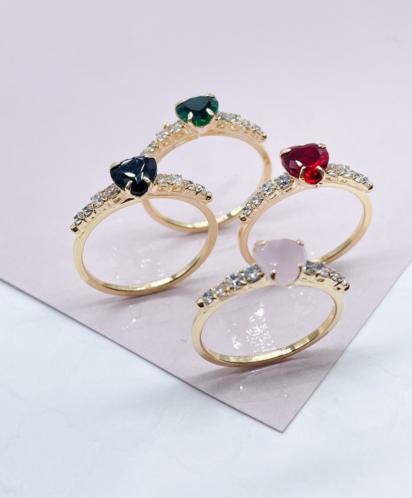 18k Gold Layered Heart Ring With Small Pave Colorless Cubic Zirconia Stones On
