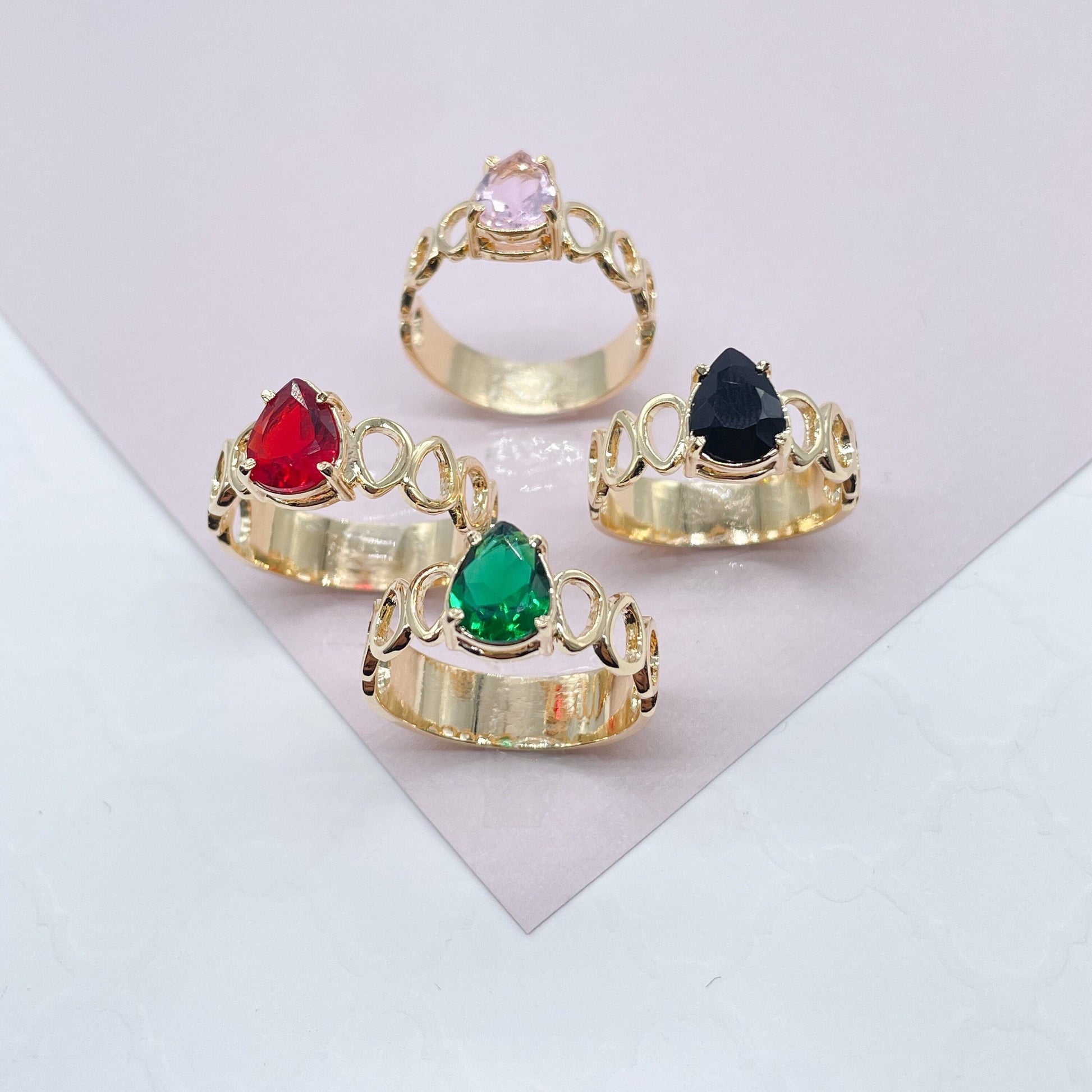 18k Gold Filled Ring Featuring Solitaire Tear Drop Shaped Stone Available In Assorted Colors  Jewelry