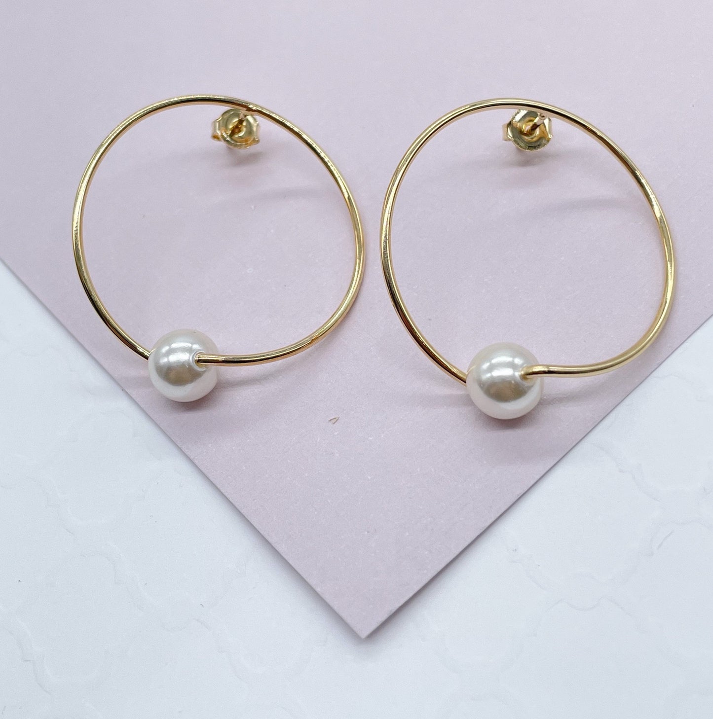 18k Gold Layered Designed Thin Hoop Earring With Simulated Pearl Wholesale